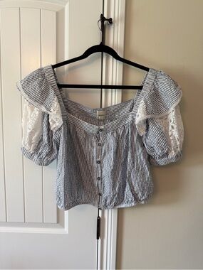 Maeve by Anthropologie Blue Stripe Lace Sleeve Off-Shoulder Crop Too